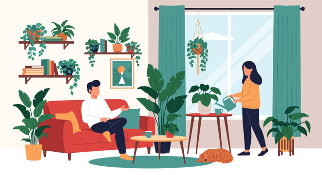 Cozy living room interior with a couple relaxing among many green houseplants and modern furniture decorations.