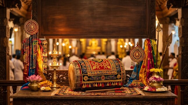 Close-up of traditional Kandy Perahera percussion instruments and ceremonial ornaments with elegant warm lighting, celebrating Sri Lankan Buddhist culture.