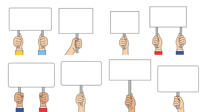 Set of multiple hands holding up blank white protest placards or demonstration signs in various positions against a plain background.