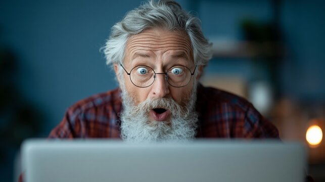 Elderly man with gray hair and beard wearing glasses expresses surprise while looking at a laptop screen in a cozy indoor setting with soft lighting