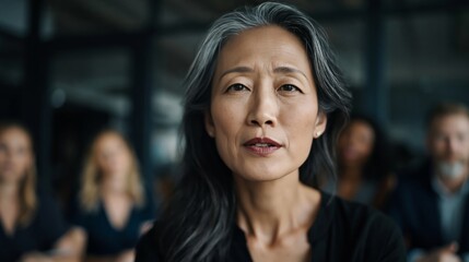 Obraz premium Mature Asian woman with serious expression in crowded indoor setting. Leadership, confidence, and professional determination concept.