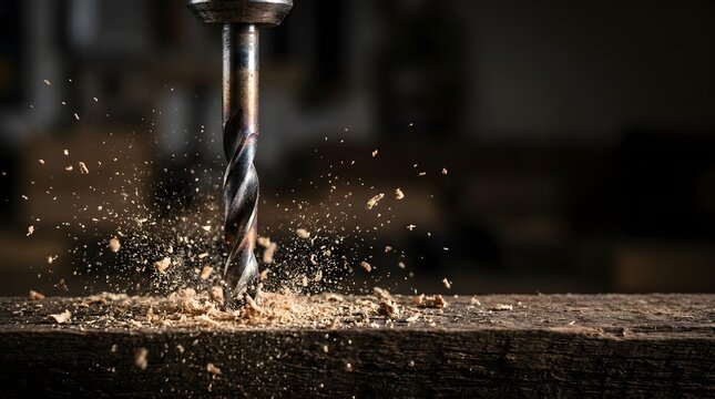 Macro close up of a drill bit cutting into wood with flying sawdust