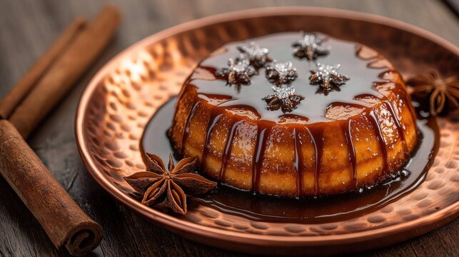 Traditional Mexican flan with cajeta goat milk caramel glaze and star anise garnish served on copper plate at premium restaurant setting