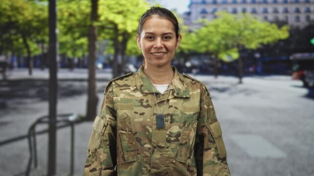 Woman soldier wearing camouflage uniform and visible dogtags smiles warmly while standing facing camera on an urban street; pride duty.