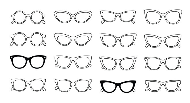 Wide selection of different eyeglasses and sunglasses frames in various shapes including round cat eye and rectangular styles for optics retail.