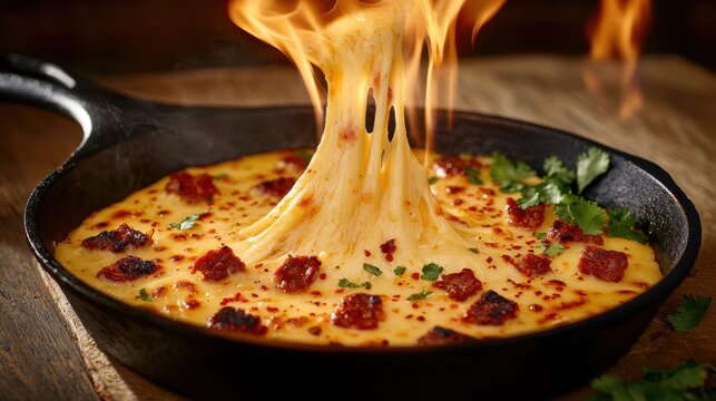 Queso flameado with stretchy melted cheese and chorizo in cast iron skillet at premium Mexican restaurant with dramatic cheese pull effect
