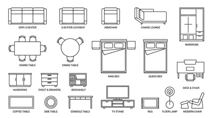 Collection of top down architectural drawings of furniture and home decor items. © Heli
