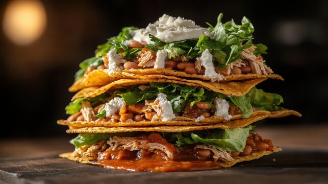 Chicken tinga tostadas stacked with crispy corn tortillas, shredded seasoned chicken, refried beans, lettuce, white crema and cilantro garnish