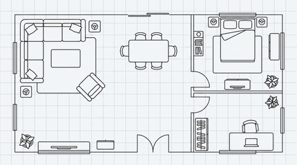 Architectural blueprint of a modern apartment floor plan with furniture. © Heli
