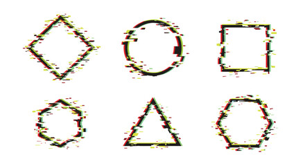 Obraz premium Set of geometric shapes including a square circle and triangle features a modern digital glitch effect with distorted colors and lines.