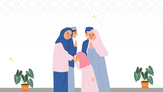 Happy Eid al-Fitr greeting featuring a family asking for forgiveness