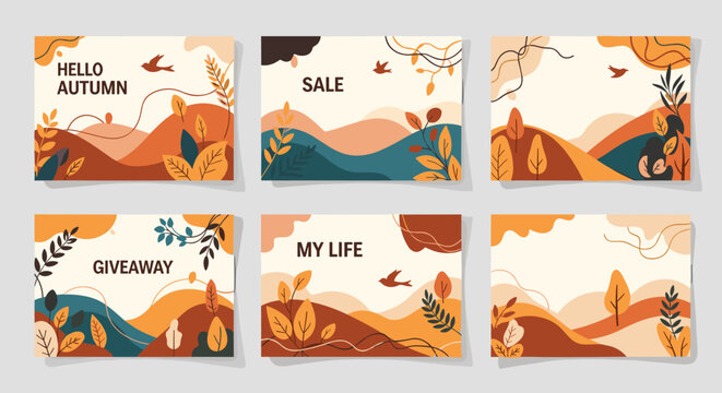 Set of elegant autumn themed greeting cards or website banners featuring stylized landscape illustrations in warm seasonal colors and birds.
