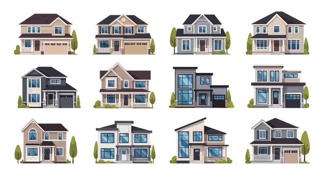 Collection of architectural illustrations showing different styles of modern two story suburban houses with garages and landscaped yards.