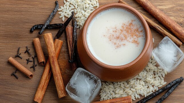 Premium horchata drink in handcrafted clay bowl with traditional cinnamon sticks, vanilla beans, rice grains and ice cubes on rustic wooden surface
