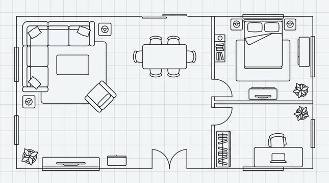 Architectural blueprint of a modern apartment floor plan with furniture.