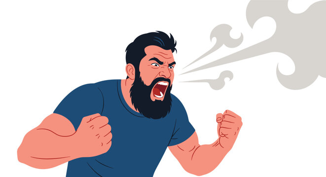 Portrait of a very angry man with a beard shouting and clenching his fists with steam blowing out of his ears as a symbol of rage.