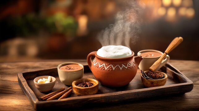 Traditional Mexican hot chocolate with whipped cream foam served in decorative clay pot with cinnamon spices and wooden accessories on rustic tray
