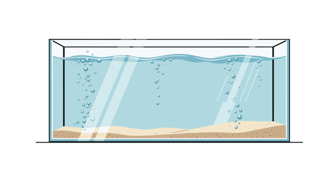 Rectangular empty glass aquarium filled with clear water, a sandy bottom, and streams of air bubbles rising to the surface.