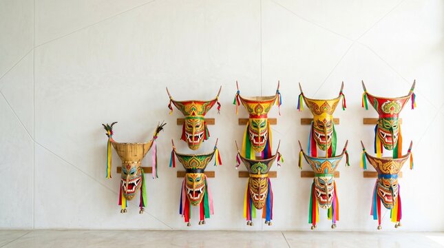 Colorful Phi Ta Khon Masks Arranged in a Simple Pattern on Clean Background. Thai Ghost Festival Folklore Art from Dan Sai, Loei Province, Thailand.