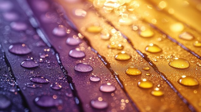 Droplet coalescence macro photography water droplets hydrophobic hydrophilic zones colorful wooden surface treated planks demonstrating adhesion behavior