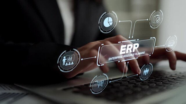 ERP platform visual showing centralized system for enterprise resource planning, improving integration, data flow, business efficiency, finance, inventory, and human resources. Muxer