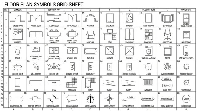 Comprehensive collection of floor plan symbols and architectural elements.