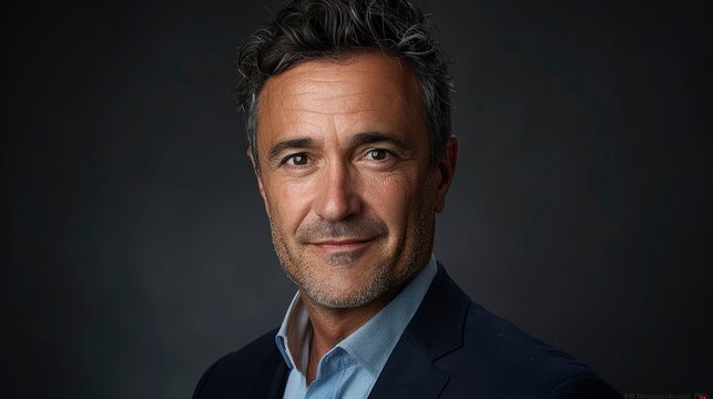 Mature businessman posing in a dark studio with low-key lighting and sharp focus for corporate leadership marketing