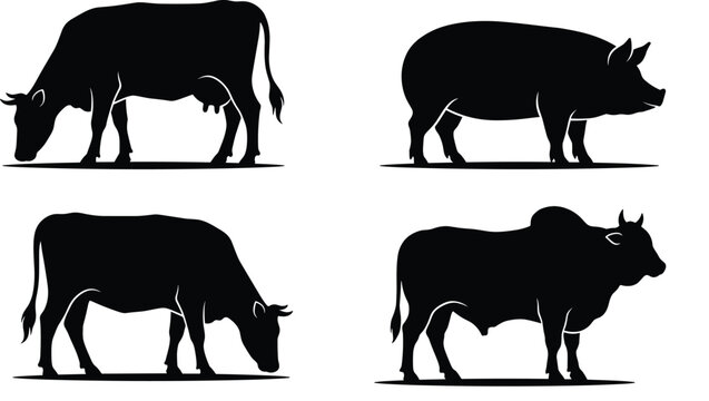 Cow, pig, and bull black farm animal silhouettes for agriculture, education, branding, and creative design illustration projects