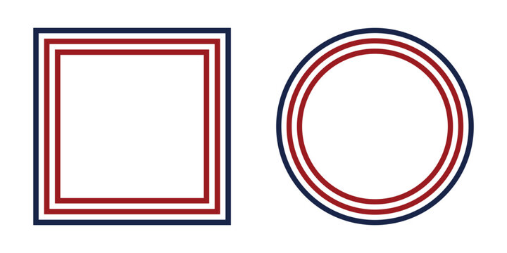 Patriotic red white and blue square and circular frame borders with USA flag colors for banners badges posters and decorative design templates. Transparent background