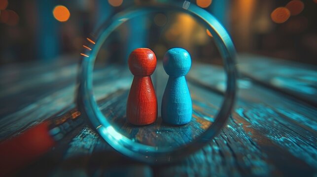Red and blue wooden peg figures viewed through magnifying glass on rustic wood in macro shot for recruitment and hr marketing