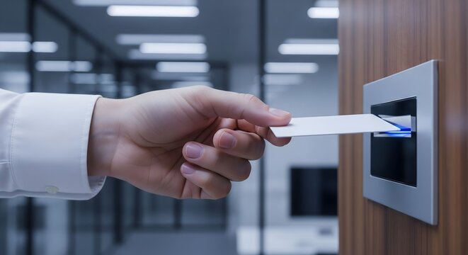 A person's hand inserts an access card into a modern security reader on a wooden door in a contemporary office building.