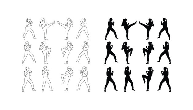 Woman martial arts fighter in fighting stance silhouette icon set for fitness and self-defense training design