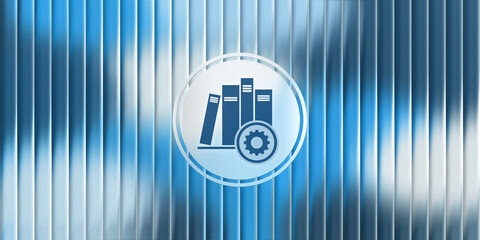 Abstract background featuring a glass effect icon with books and a gear symbol representing organizational management information systems and educational settings © sh99