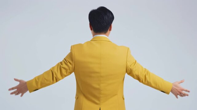 明るい未来へ軽く手を広げる後ろ姿のビジネスパーソン