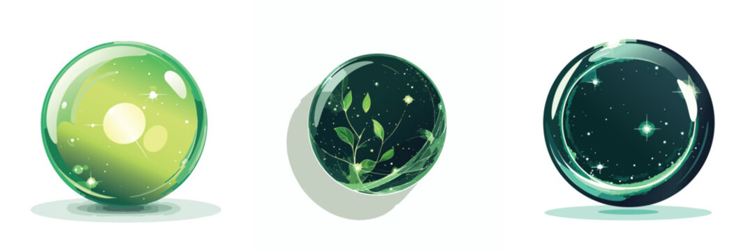 Spheres of Glowing Green Abstract Plants and Cosmic Elements