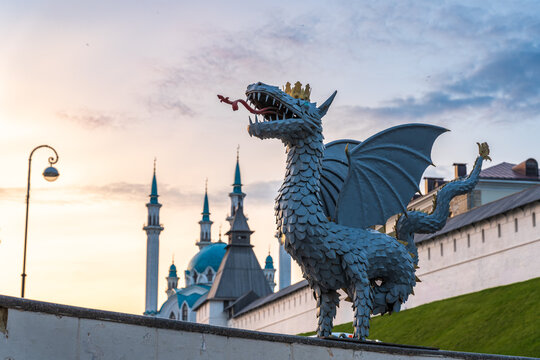 Dragon Zilant - the symbol of the city of Kazan and the Kul Sharif mosque of the Kazan Kremlin. Russia. Summer evening view