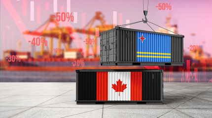 Global Trade Dynamics: A shipping container, adorned with the flag of Aruba, is being lifted, while a container bearing the Canadian flag stands below, all against the backdrop of a port. © bao