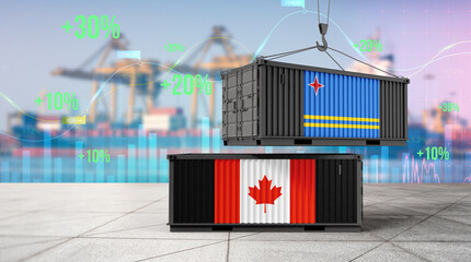 International Trade: A striking visualization of international trade, showcasing cargo containers emblazoned with flags of Canada and Aruba. © bao