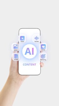 A person holds a smartphone displaying AI tools for content creation, including writing, image generation, audio creation and social media sharing. Vertical Ratio, portrait orientation.