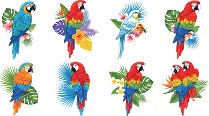 Vibrant tropical parrot vector illustrations set with colorful macaws, exotic flowers and lush jungle leaves decorative compositions © MstJasmin