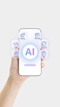 Hand holding smartphone with AI tools for coding, debug, deploy, testing, design and project planning for software development. Vertical ratio, portrait orientation