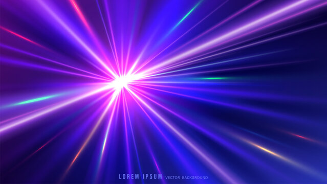Intense purple starburst vector background with glowing neon laser beams radiating