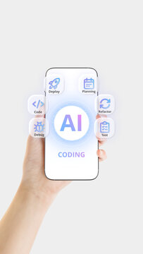 Hand holding smartphone with AI tools for coding, debug, deploy, testing, design and project planning for software development. Vertical ratio, portrait orientation