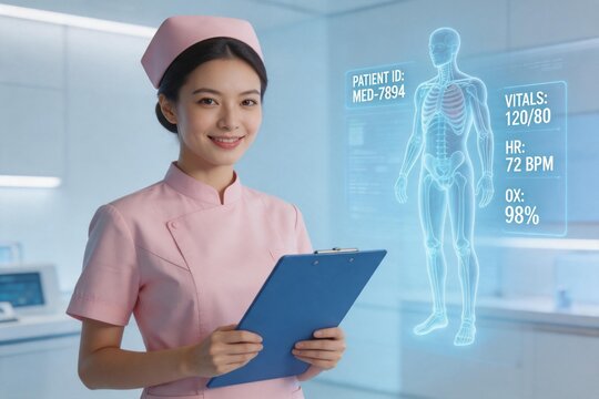 Nurse with medical data and human skeleton