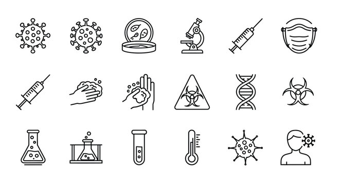 medical and science icons set including virus syringe microscope and laboratory equipment