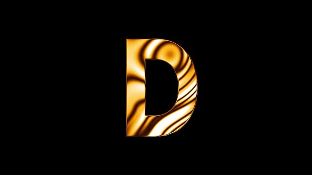 Animation of golden glass curve lines texture alphabet D text design with black background