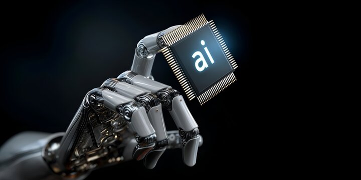 A futuristic robotic hand holding a microchip inscribed with 'ai,' symbolizing advancements in artificial intelligence and modern technology innovations.