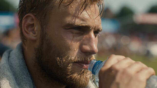 Man drinking water bottle after outdoor exercise. Hydration, fitness, and healthy lifestyle concept.