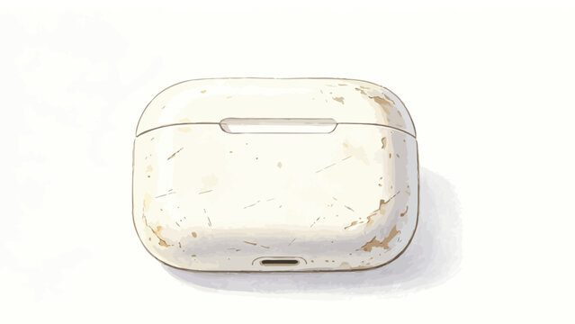 Hand Drawn Watercolor Pencil Illustration of a Scuffed, Worn Off-White Wireless Earbud Charging Case on Minimalist Plain White Background
