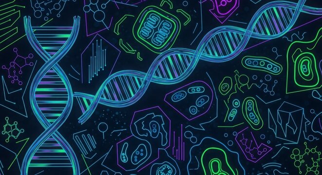 DNA double helix and various biological elements in a neon glow.